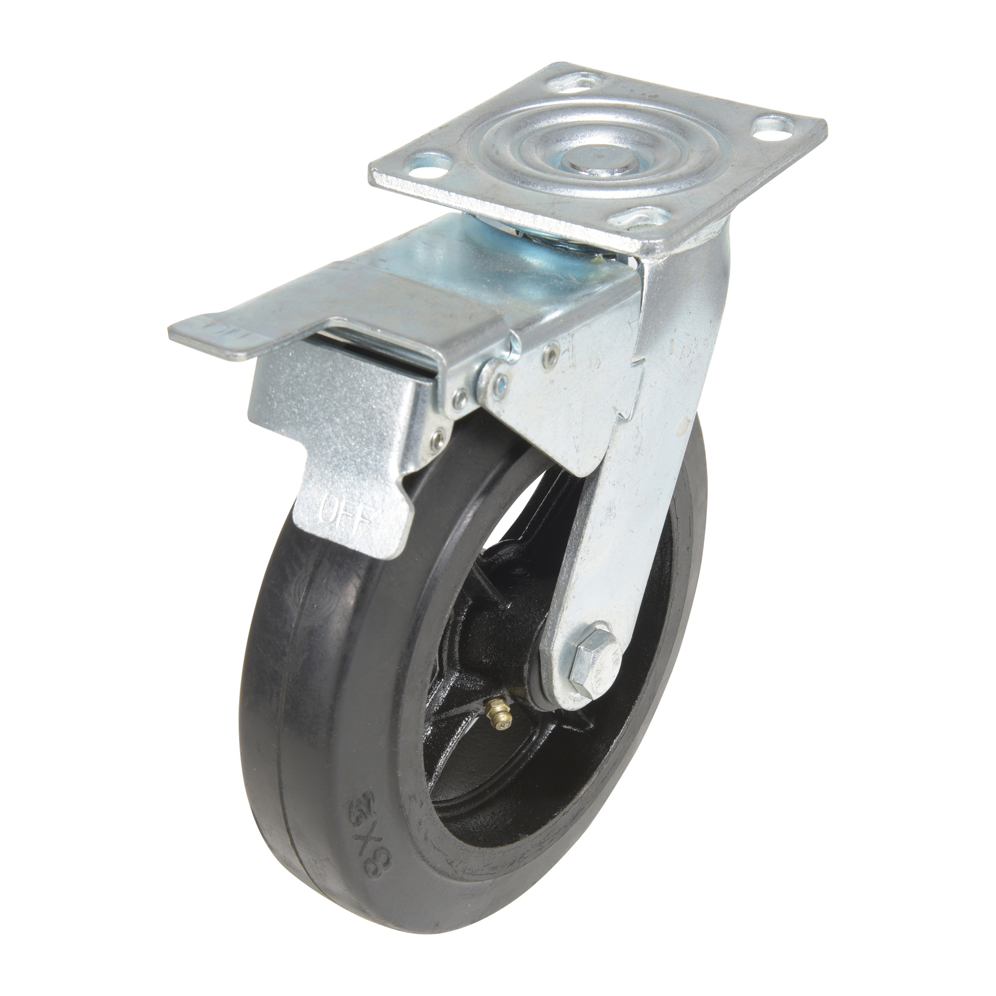 Vestil Rubber Swivel Caster with Total Brake - 8in. x 2in., 551-Lb. Capacity, Aluminum Core, Model# CST-VE-8X2MR-SWTB